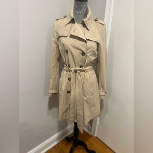 EUC Lucky Brand Women’s Small Petite Classic Tan Mid Length Belted Trench Coat.
